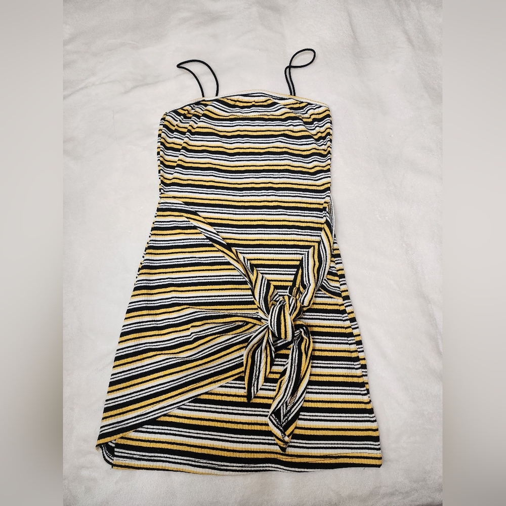 Yellow and Black Midi Wrap Dress with Tie Front